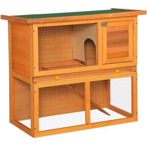 Pawhut - 90cm 2 Tiers Rabbit Hutch Wooden Pet Cage Run Vintage Bunny House - Vintage Yellow, Green