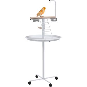 Pawhut - Bird Table with Four Wheels, Perches, Stainless Steel Bowls, Round Tray - White