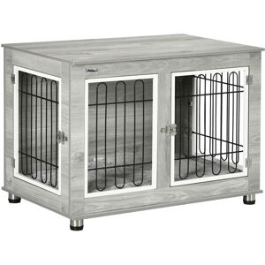 PawHut Dog Crate Furniture End Table w/ Soft Cushion, Double Door Grey - Grey