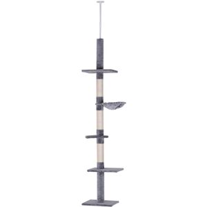 Pawhut - Floor to Ceiling Cat Tree for Indoor Cats 5-Tier Scratching Post 230-260cm Grey - Grey