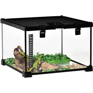 Glass Reptile Terrarium Insect Breeding Tank with Thermometer for Lizards Small - Black - Pawhut