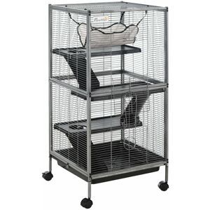 Rolling Small Animal Cage for Chinchillas Ferrets Kittens w/ Ramp - Grey - Pawhut