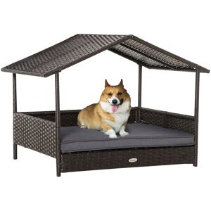 Rattan Dog House, Elevated Wicker Bed Lounge Removable Cushion and Canopy Grey - Grey - Pawhut