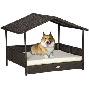 PawHut Rattan Dog House, Elevated Wicker Bed Lounge Removable Cushion and Canopy Cream - Cream