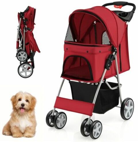 GYMAX Folding Pet Stroller Portable Pet Travel Pushchair 4 Wheels with Storage Basket