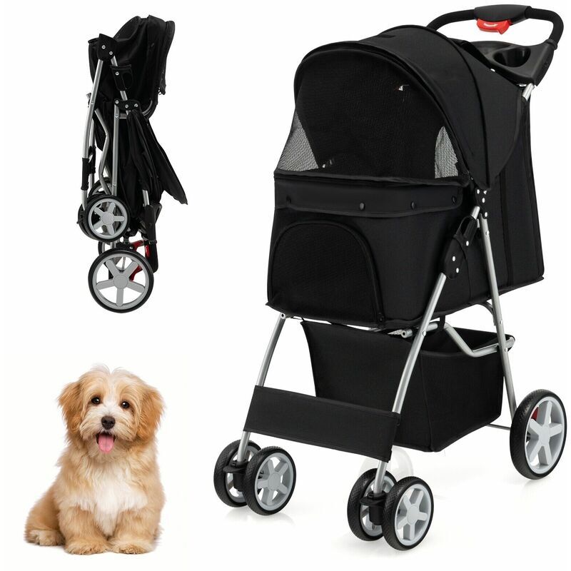 Costway - Folding Pet Stroller Portable Pet Travel Pushchair 4 Wheels with Storage Basket