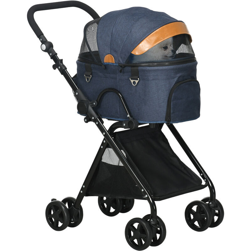 Luxury Folding Pet Stroller Removable Carrier Adjustable Canopy Bag Brake - Blue - Pawhut