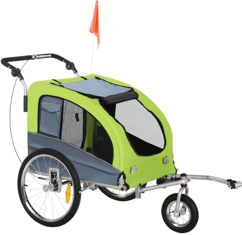 Pawhut - Pet Bicycle Trailer Water Resistant Carrier 3 Wheels Push Pull Brake - Grey & Green