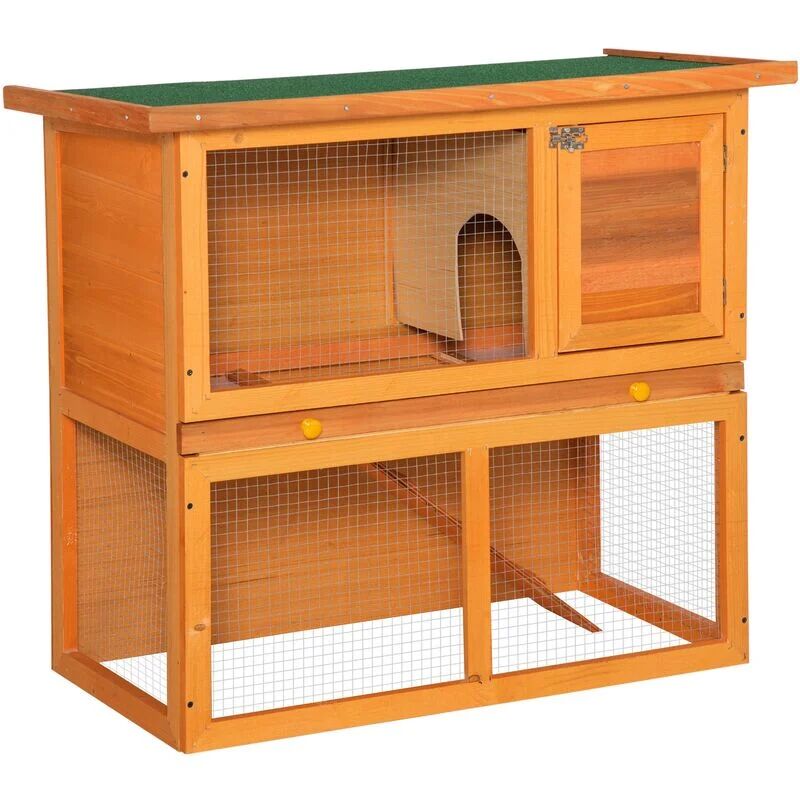 Pawhut - 90cm 2 Tiers Rabbit Hutch Wooden Pet Cage Run Vintage Bunny House - Vintage Yellow, Green