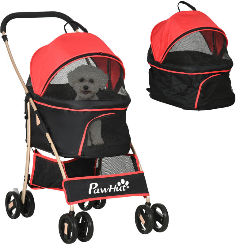 Detachable Pet Stroller, 3 In 1 Dog Carriage Foldable w/ Universal Wheels Red - Red - Pawhut