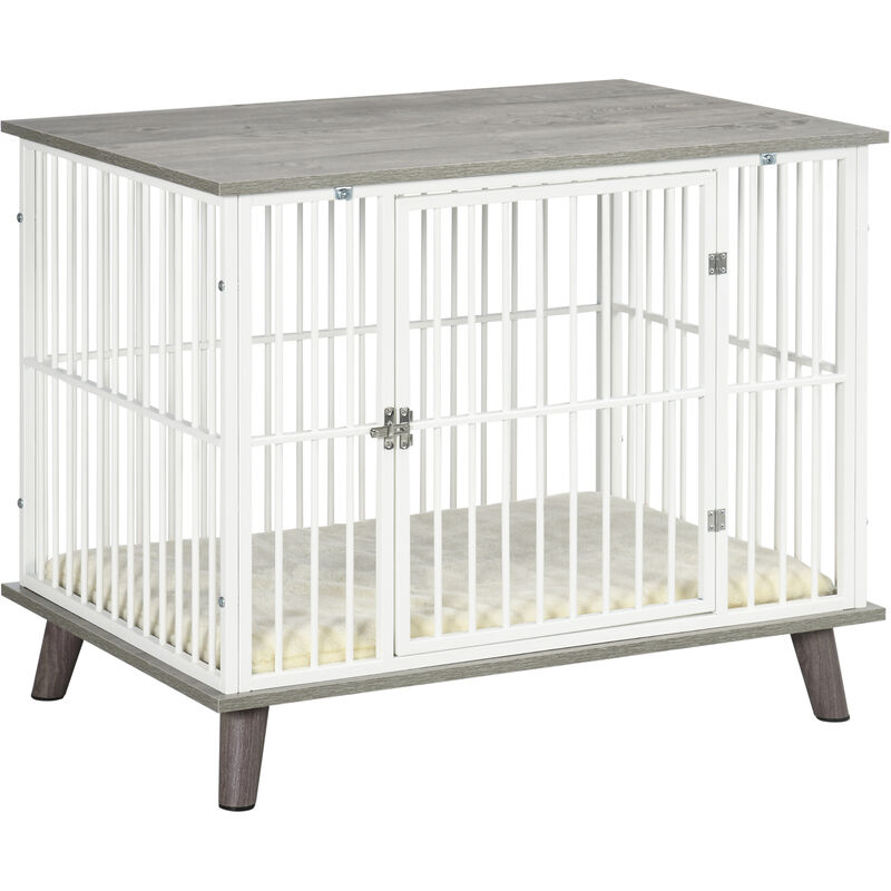 Pawhut - Dog Crate Furniture, Indoor Pet Kennel Cage, Top End Table w/ Soft Cushion Medium - Grey