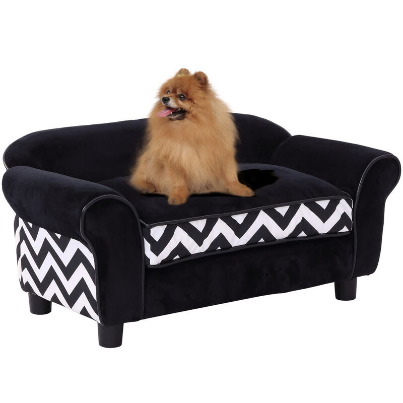 PawHut Pet Sofa Couch Dog Cat Wooden Sponge Sofa Bed Lounge Cushion Black - Black
