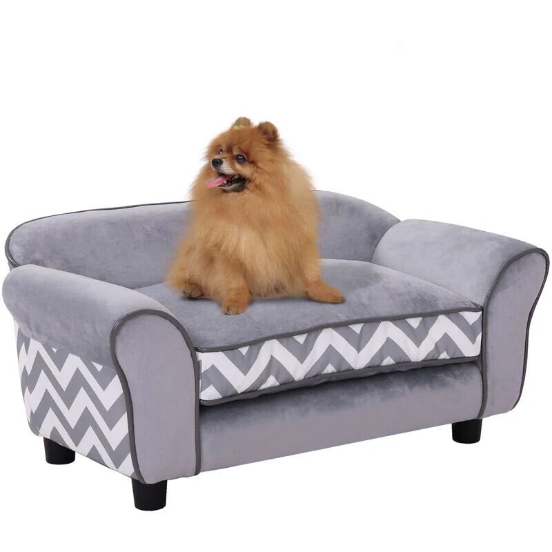 Pet Sofa Couch Dog Cat Wooden Sponge Sofa Bed Lounge Cushion Grey - Grey - Pawhut