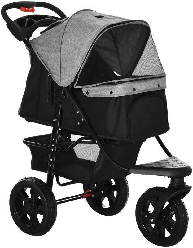 Folding Pet Stroller 3 Wheel Dog Carrier Adjustable Canopy for Small Dog Grey - Grey - Pawhut