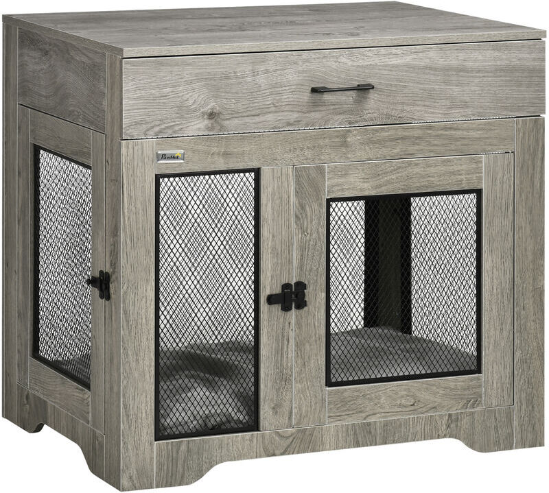 Modern Pet Crate End Table w/ Double Doors, Drawer, for Medium Dogs - Grey - Pawhut