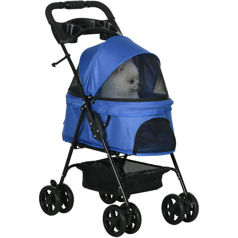 Dog Stroller Pet Cat Travel Pushchair One-Click Fold for Small Dogs Blue - Blue - Pawhut
