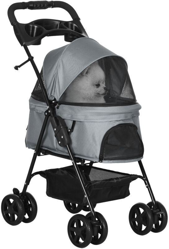 Pawhut - Dog Stroller Pet Cat Travel Pushchair One-Click Fold for Small Dogs Grey - Grey