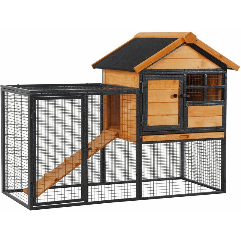 PawHut Wood-metal Rabbit Hutch Elevated Pet House Outdoor 122 x 63 x 92cm - Light Yellow