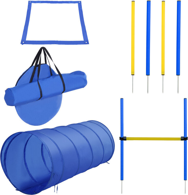 Pawhut - Pet Agility Training Equipment Dog Play Run Jump (Poles + Hurdle + Tunnel - Blue & Yellow