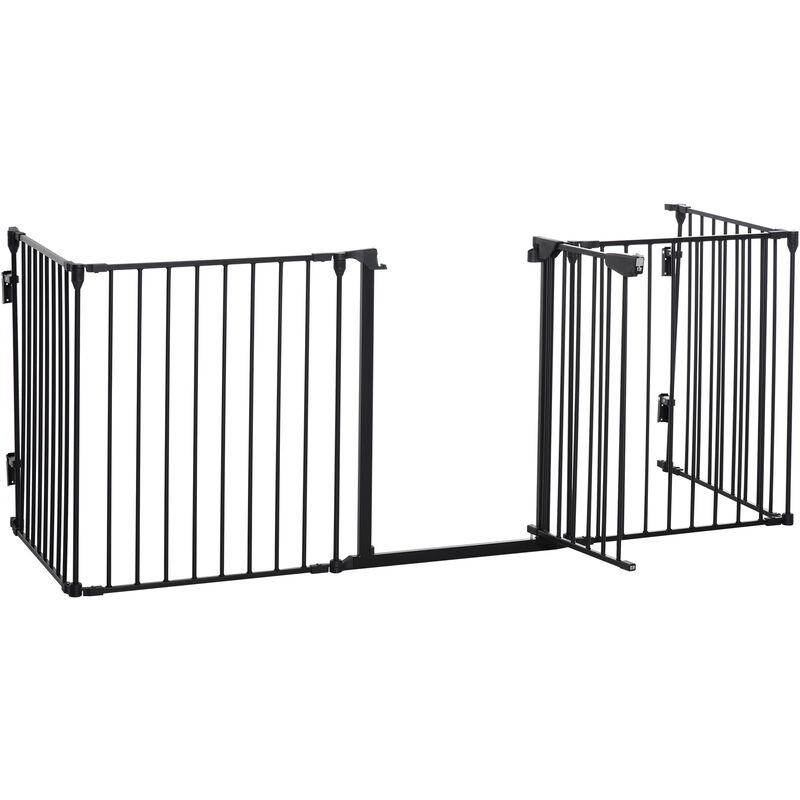 Pet Safety Gate 5-Panel Playpen Fireplace Metal Fence Stair Barrier Black - Black - Pawhut