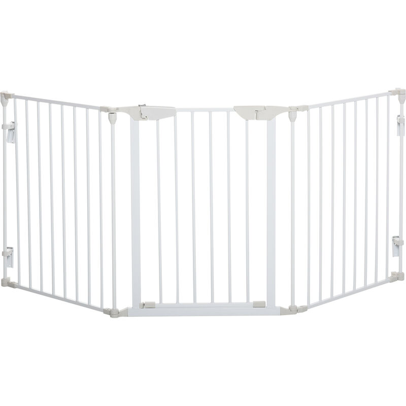 Pet Safety Gate 5-Panel Playpen Fireplace Metal Fence Stair Barrier White - White - Pawhut