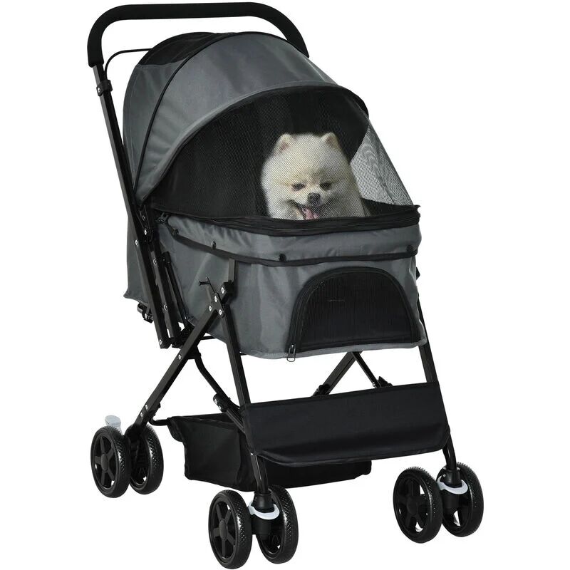 Pet Stroller Dog Pushchair Foldable with Reversible Handle for Small Dogs Grey - Grey - Pawhut