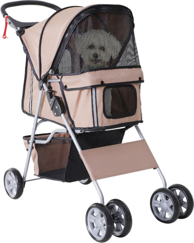 Pet Stroller for Small Miniature Dogs Foldable Travel Carriage Cup Holder Brown - Brown - Pawhut