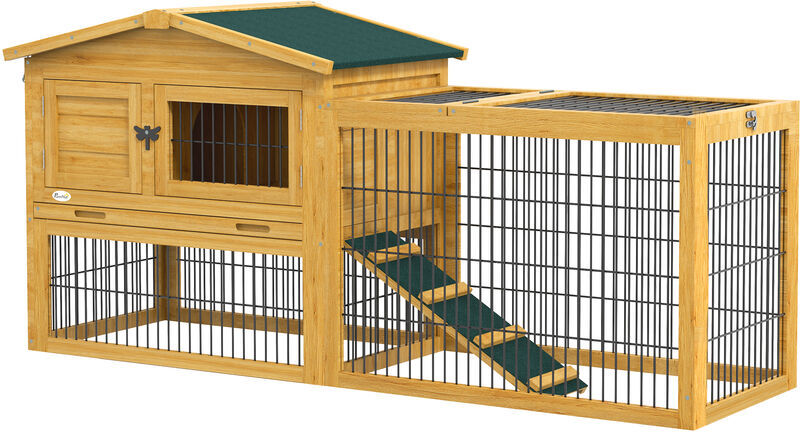 Rabbit Hutch Pet House Outdoor Run Design w/ Water-Resistant Paint Ramp Yellow - Yellow - Pawhut