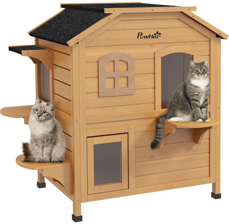 Wooden Cat House Condos Cat Cave Pet Shelter 2 Floor Villa Outdoor Natural - Natural wood finish - Pawhut