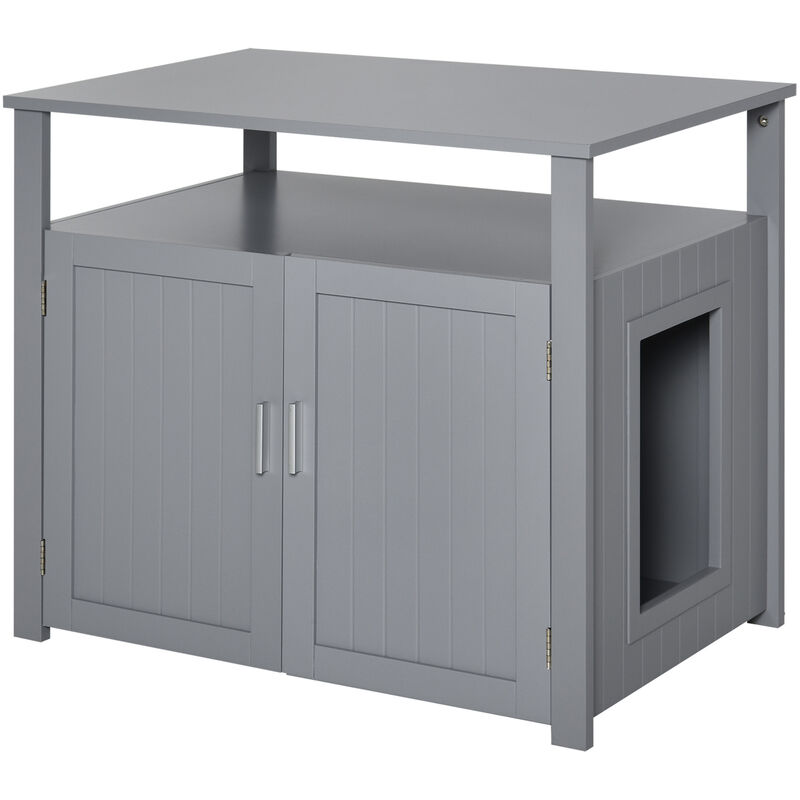 Pawhut - Wooden Cat Litter Box Enclosure Furniture with Tabletop for Nightstand Grey - Grey