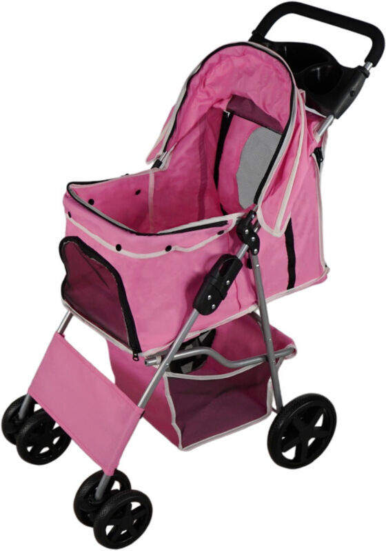 Monster Shop - Pet Stroller Pushchair Pink Carrier Foldable Trolley Travel Cart