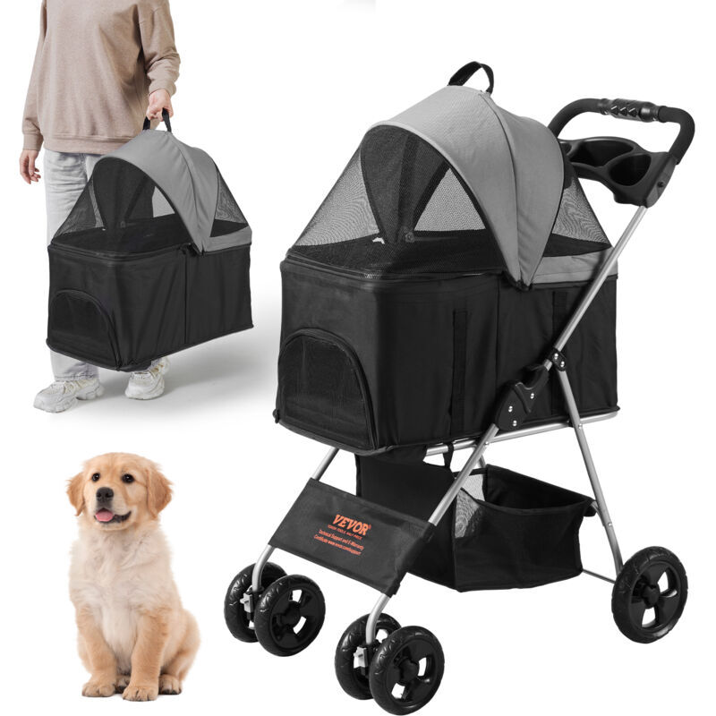 Vevor - Pet Stroller, 4 Wheels Dog Stroller Rotate with Brakes, 35lbs Weight Capacity, Puppy Stroller with Detachable Carrier, Storage Basket and Cup