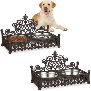 Relaxdays 2x Raised Dog Bowl Station for Dogs, Antique Design, XL Iron Feeder Tray Set, 1 L Stainless Steel Set, Brown