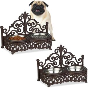 Relaxdays - 2x Dog Feeding Station, Antique-Style, Double Removable Style Steel Bowls, Cast Iron, Brown
