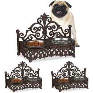 Relaxdays - 3x Dog Feeding Station, Antique-Style, Double Removable Style Steel Bowls, Cast Iron, Brown