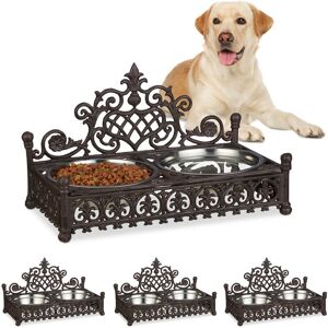 4x Raised Dog Bowl Station for Dogs, Antique Design, xl Iron Feeder Tray Set, 1 l Stainless Steel Set, Brown - Relaxdays