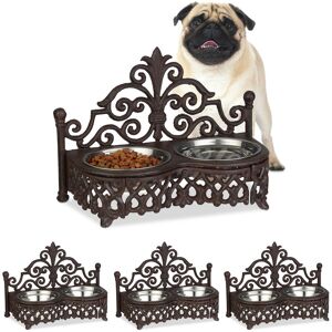 4x Relaxdays Dog Feeding Station, Antique-Style, Double Removable Style Steel Bowls, Cast Iron, Brown