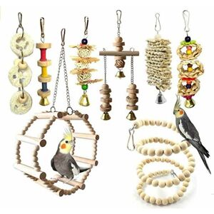 Tinor - 8 Pieces Bird Toys with Chew Toys and Perch Swings for Bird Cage - Ideal Aviary Decoration and Bell Toys for Parrots, Budgies, Small Macaws
