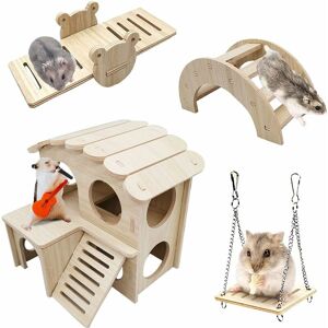 Set of 4 Wooden Hamster Toys, Hamster Games Including Hamster House Swing Bridge, Hamster Accessory Guinea Pig Chinchilla Russian Hamster - Alwaysh