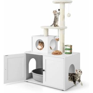 COSTWAY Cat Litter Box Enclosure with Cat Tree 2-in-1 Hidden Cats Washroom Furniture