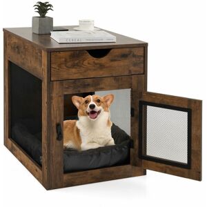 COSTWAY Dog Crate Furniture Decorative Dog Kennel End Table w/ Drawer Lockable Door