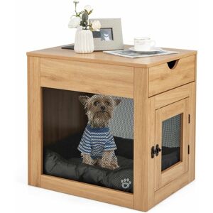 COSTWAY Dog Crate Furniture Decorative Dog Kennel End Table w/ Drawer Lockable Door