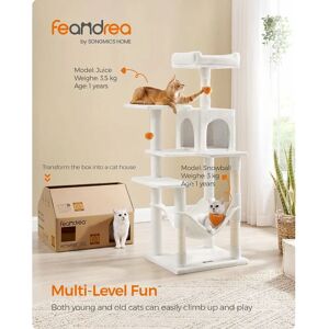 SONGMICS Feandrea Cat Tree, 143 cm Cat Tower for Indoor Cats, Multi-Level Plush Cat Condo with 4 Scratching Posts, 2 Perches, Cave, Hammock, Pompoms, Cream