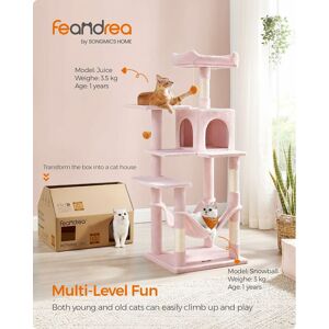 SONGMICS Feandrea Cat Tree, 143 cm Cat Tower for Indoor Cats, Multi-Level Plush Cat Condo with 4 Scratching Posts, 2 Perches, Cave, Hammock, Pompoms, Jelly