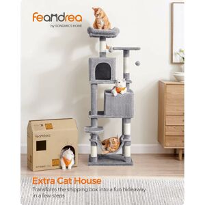 SONGMICS Feandrea Cat Tree, 155 cm Cat Tower for Indoor Cats, Plush Multi-Level Cat Condo with 5 Scratching Posts, 2 Caves, Hammock, 2 Pompoms, Light Grey