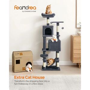 SONGMICS Feandrea Cat Tree, 155 cm Cat Tower for Indoor Cats, Plush Multi-Level Cat Condo with 5 Scratching Posts, 2 Caves, Hammock, 2 Pompoms, Smoky Grey