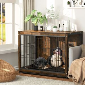 Bingo Paw - Rustic Brown Wooden Dog Cage Cat Pet Crate House End Table Dog Kennel Dual Door, Extra Large 97.5x59x75.7cm