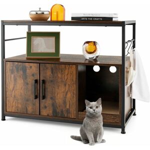 COSTWAY Industrial Cat Litter Box Enclosure Furniture Wood Kitty Washroom Hidden Cabinet