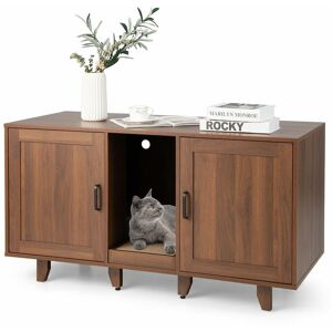 COSTWAY Large Cat Litter Box Enclosure Furniture Wooden Kitty Washroom Hidden Washroom - Coffee