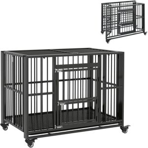 Pawhut - Heavy Duty Dog Crate Foldable Dog Cage on Wheels Removable Tray 43 Inch - Black